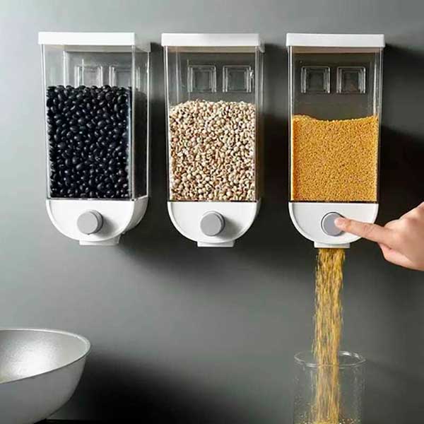 Dispensador de cereales montado en la pared, dispensador grande de granos  montado en la pared, dispensador de alimentos secos con 2 tazas,  dispensador